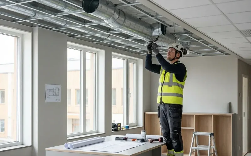 Montör installerar ventilationssystem i nyproducerad vård- eller kontorsbyggnad.