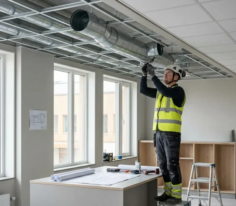 Montör installerar ventilationssystem i nyproducerad vård- eller kontorsbyggnad.