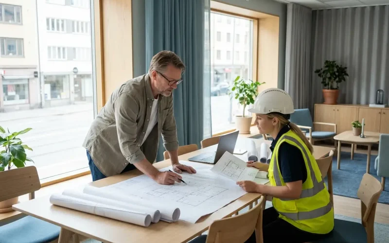 Ventilationsingenjör och byggledare granskar ventilationsritningar vid projekteringsmöte.