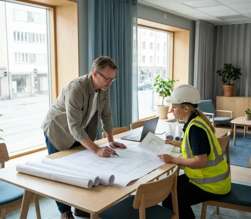 Ventilationsingenjör och byggledare granskar ventilationsritningar vid projekteringsmöte.
