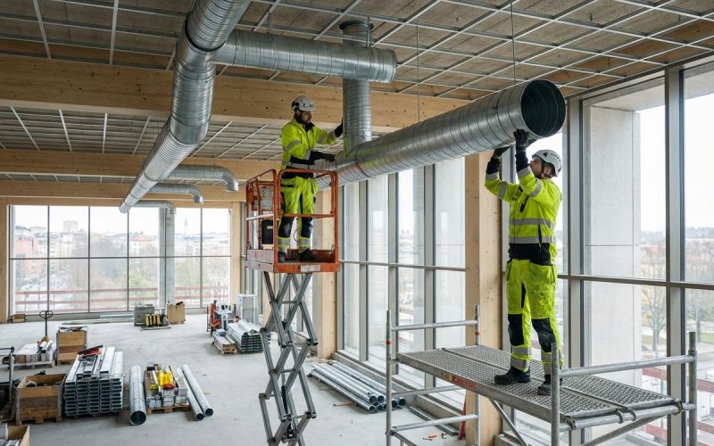 Ventilationstekniker installerar ventilationskanaler i taket på ett kommersiellt byggprojekt i Mälardalen.