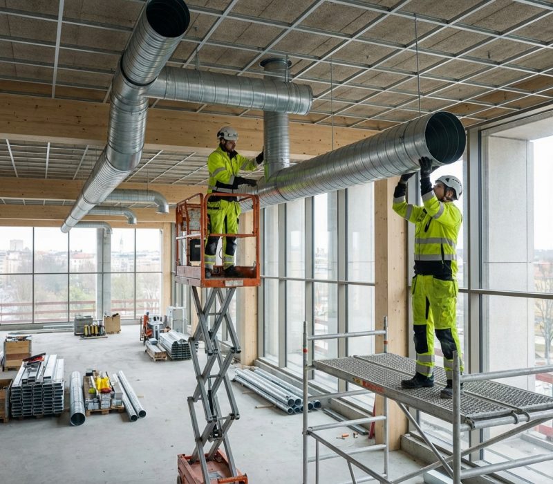 Ventilationstekniker installerar ventilationskanaler i taket på ett kommersiellt byggprojekt i Mälardalen.