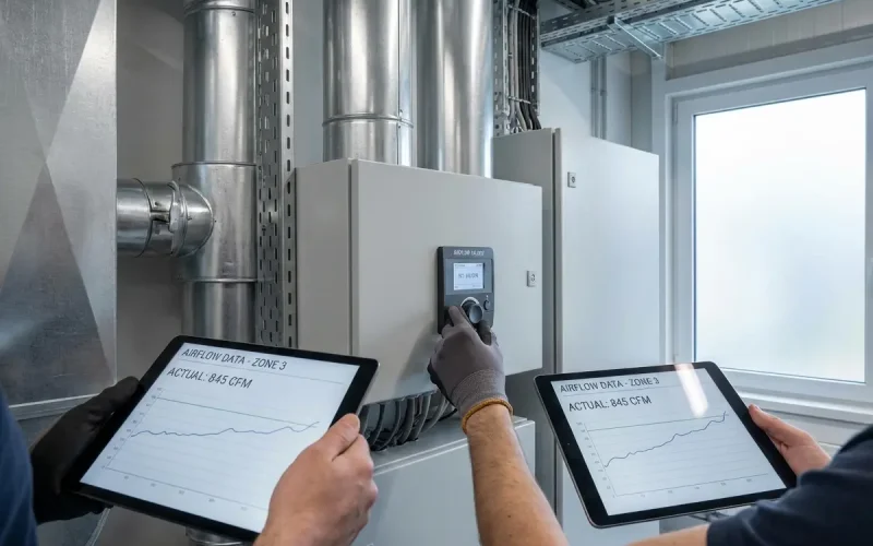 Tekniker justerar ventilationssystem och analyserar luftflöden via digital styrning i teknikutrymme.