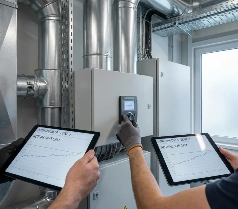 Tekniker justerar ventilationssystem och analyserar luftflöden via digital styrning i teknikutrymme.